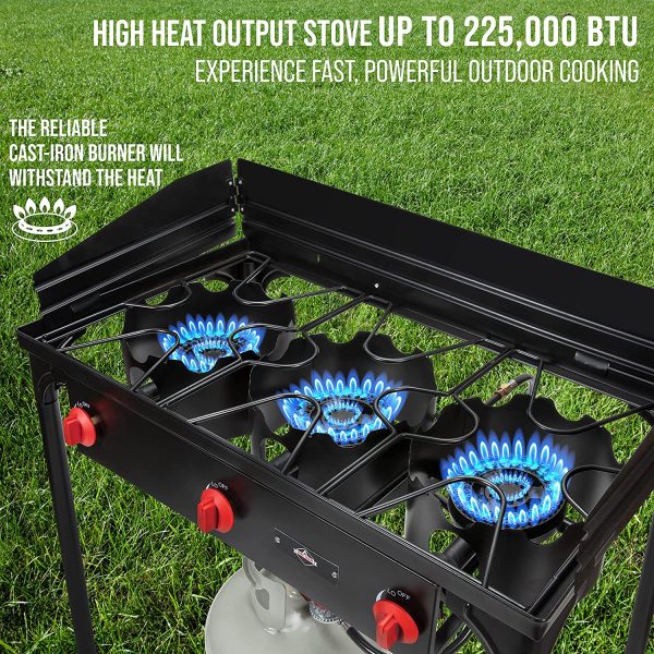 225,000 BTU Cast Iron 3-Burner Propane Stove, Portable Stove with Wind Panels, Removable Legs & Case Online now - Image 5